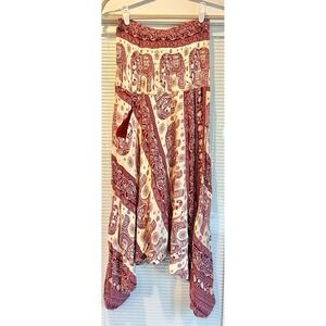 The Elephant Pants Save Elephants Smocked High Waist Red Cream 100% Rayon Sz L